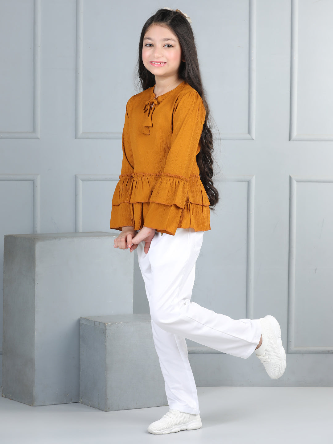 Cutiekins Girls Solid Tie-up Top With Solid Trouser -Mustard & White