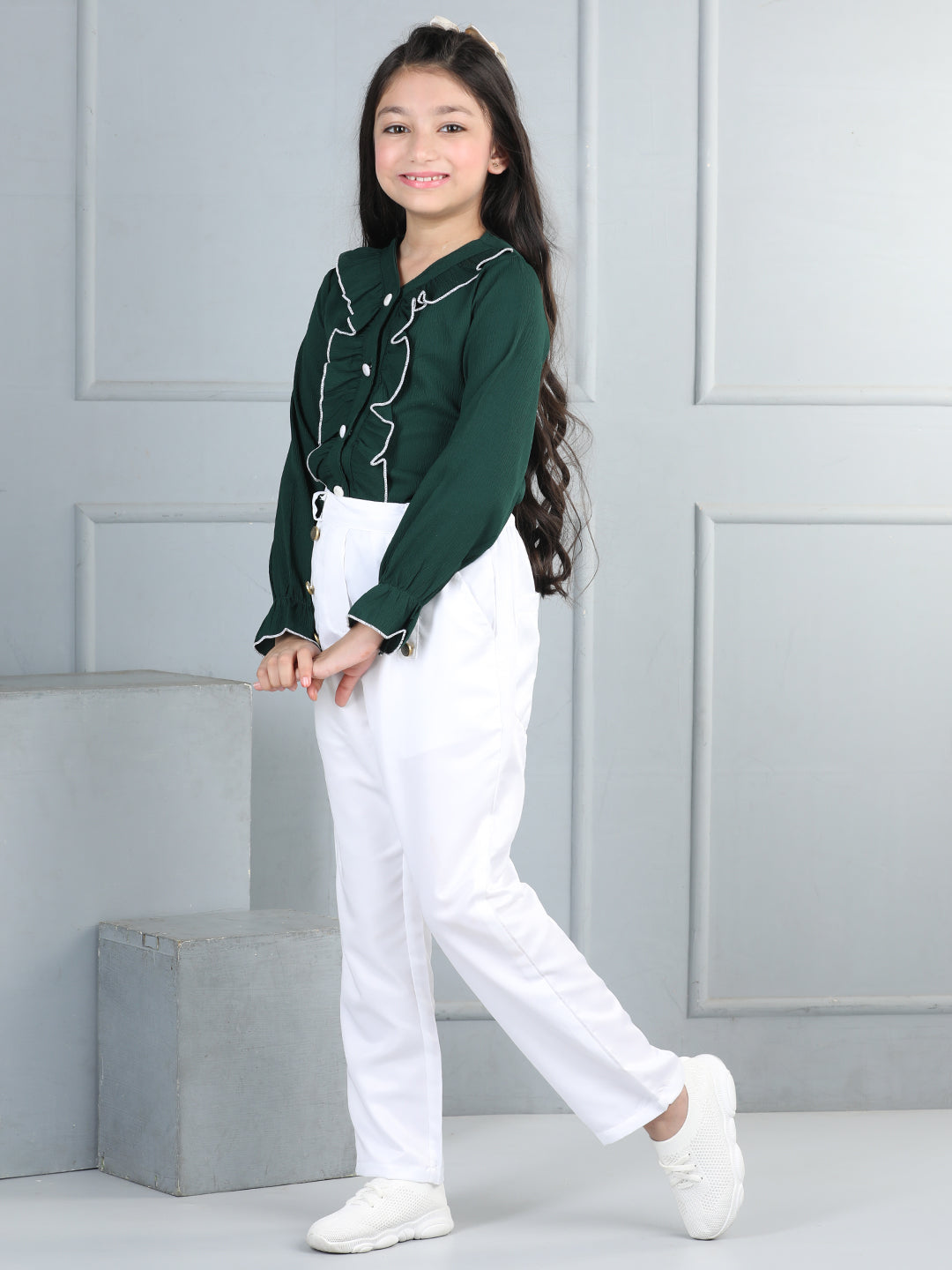 Cutiekins Girls Shirt Style Embellished Top With Solid Trouser -Dark Green & White