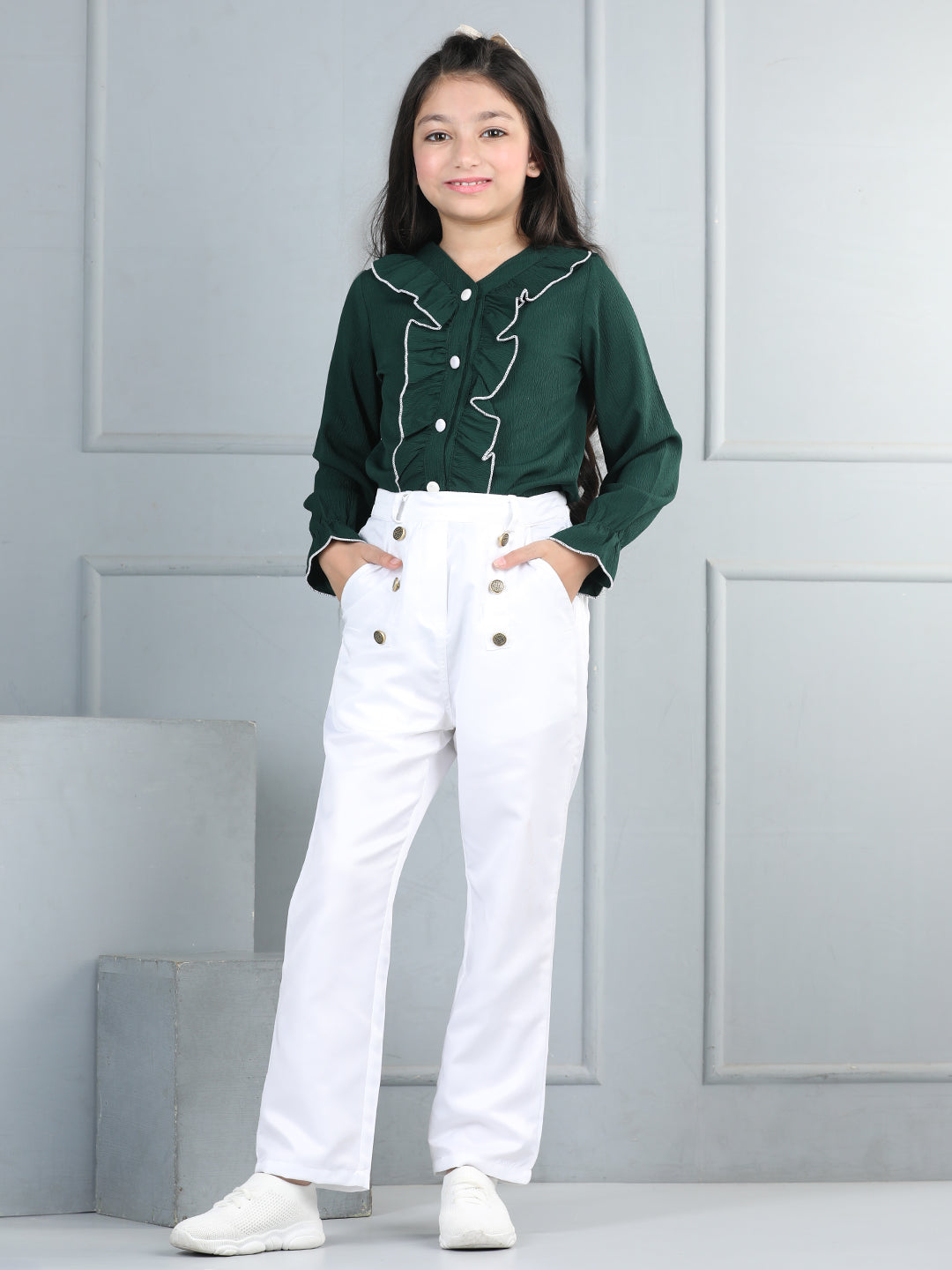 Cutiekins Girls Shirt Style Embellished Top With Solid Trouser -Dark Green & White