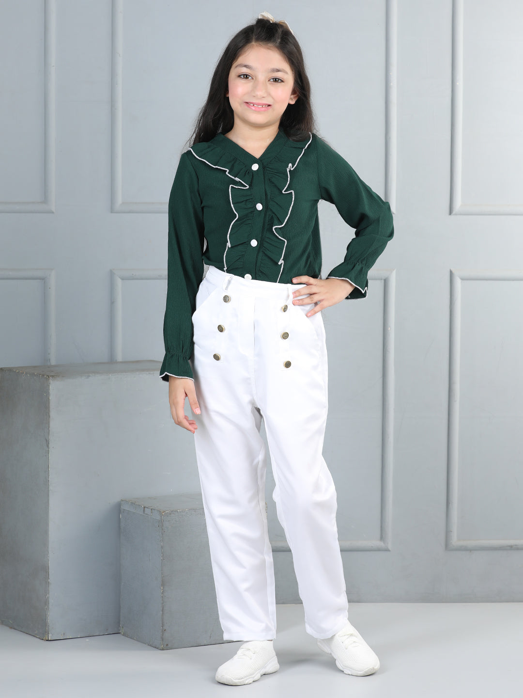 Cutiekins Girls Shirt Style Embellished Top With Solid Trouser -Dark Green & White