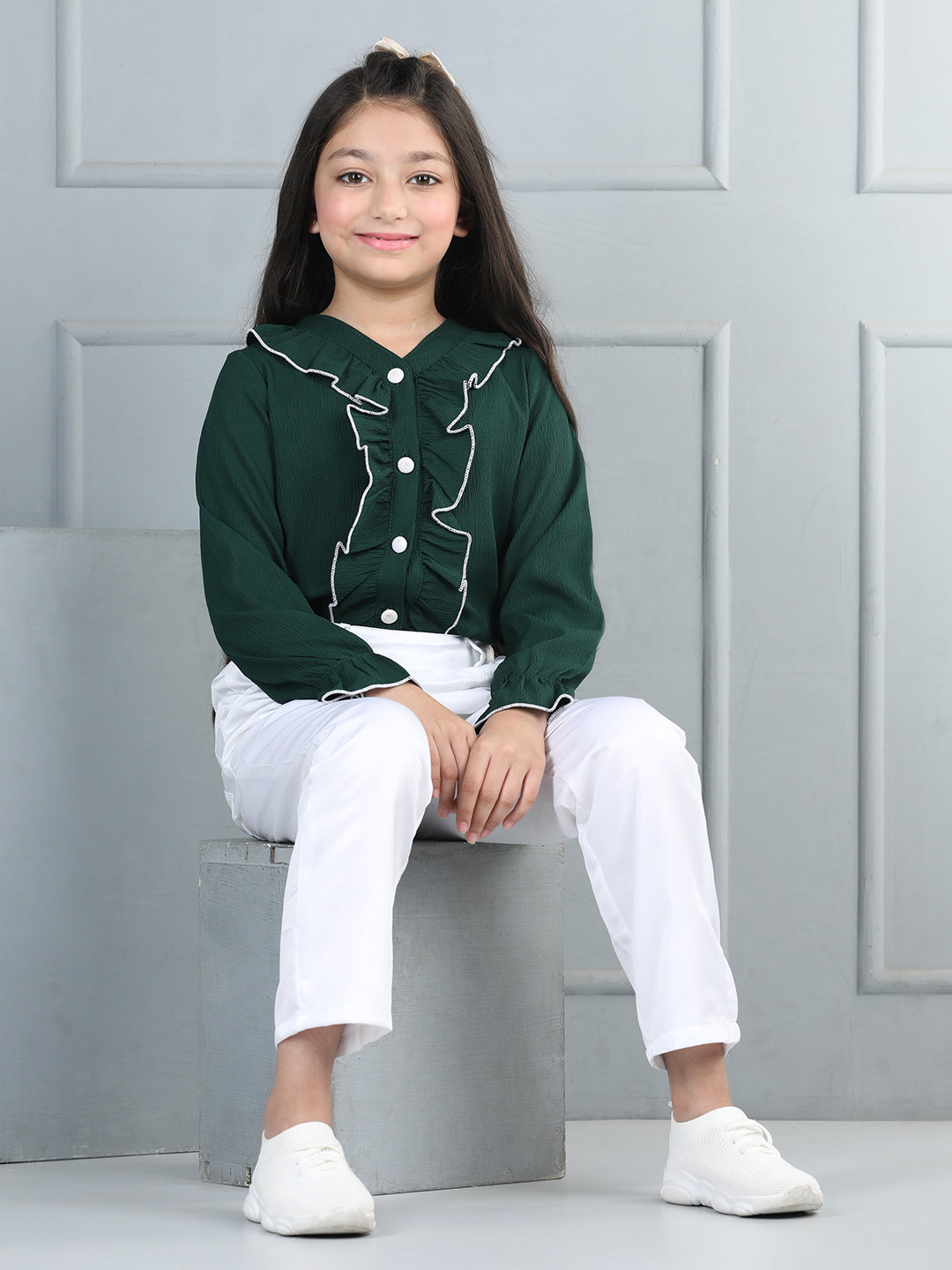 Cutiekins Girls Shirt Style Embellished Top With Solid Trouser -Dark Green & White