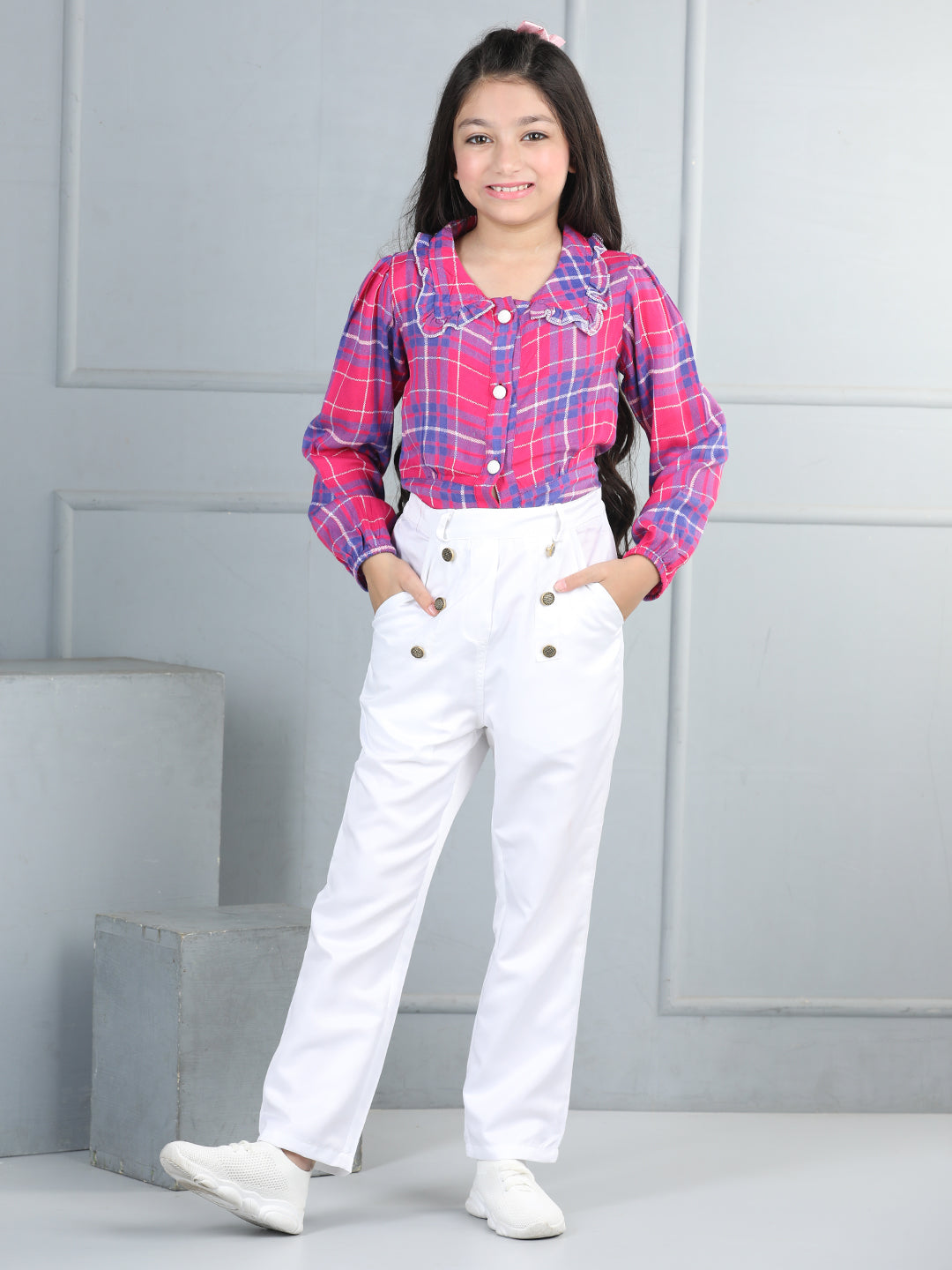 Cutiekins Girls Shirt Style Check Print Top With Solid Trouser -Pink & White