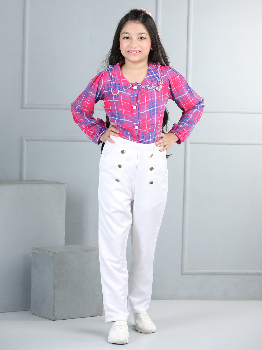 Cutiekins Girls Shirt Style Check Print Top With Solid Trouser -Pink & White