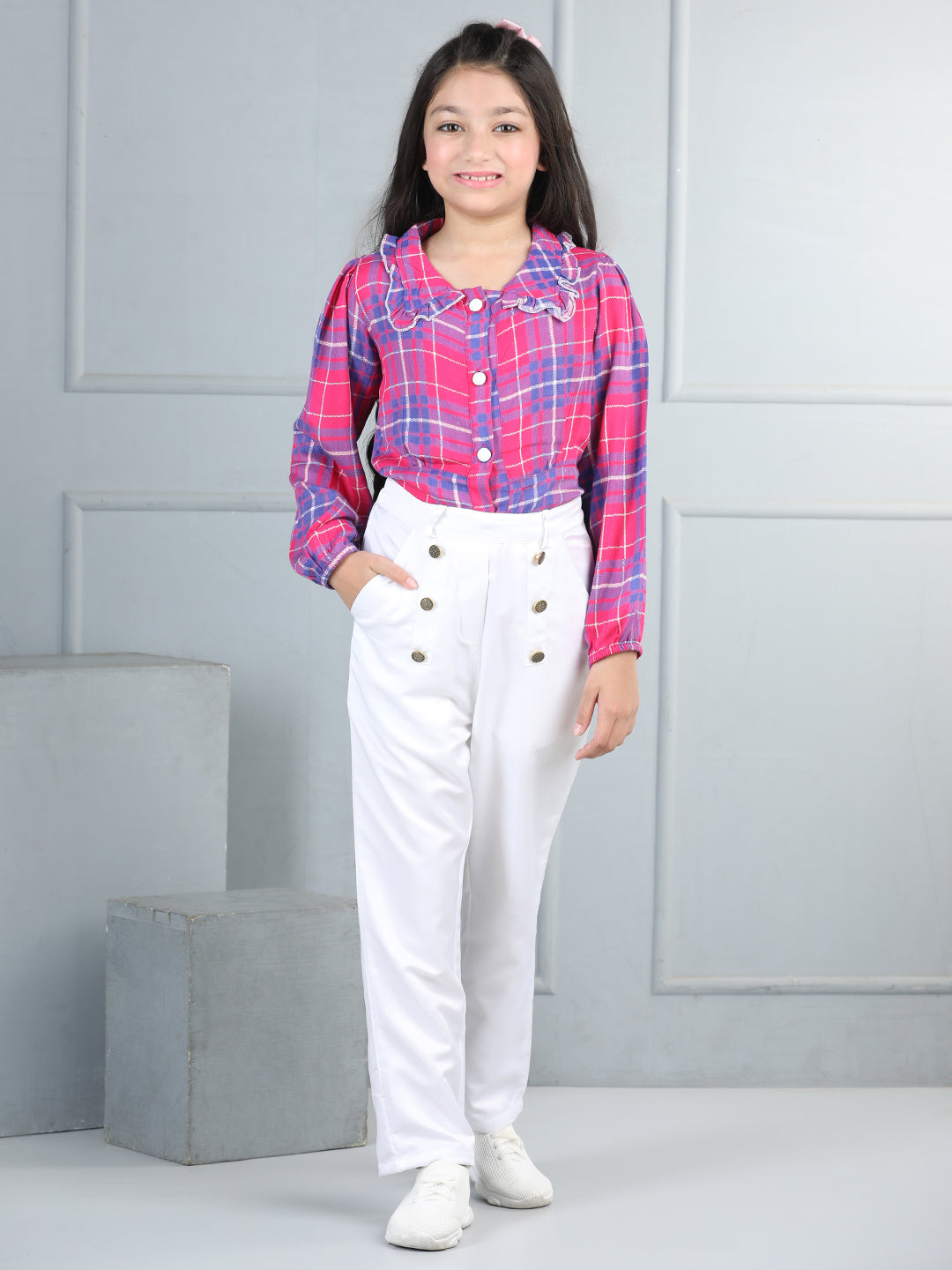 Cutiekins Girls Shirt Style Check Print Top With Solid Trouser -Pink & White