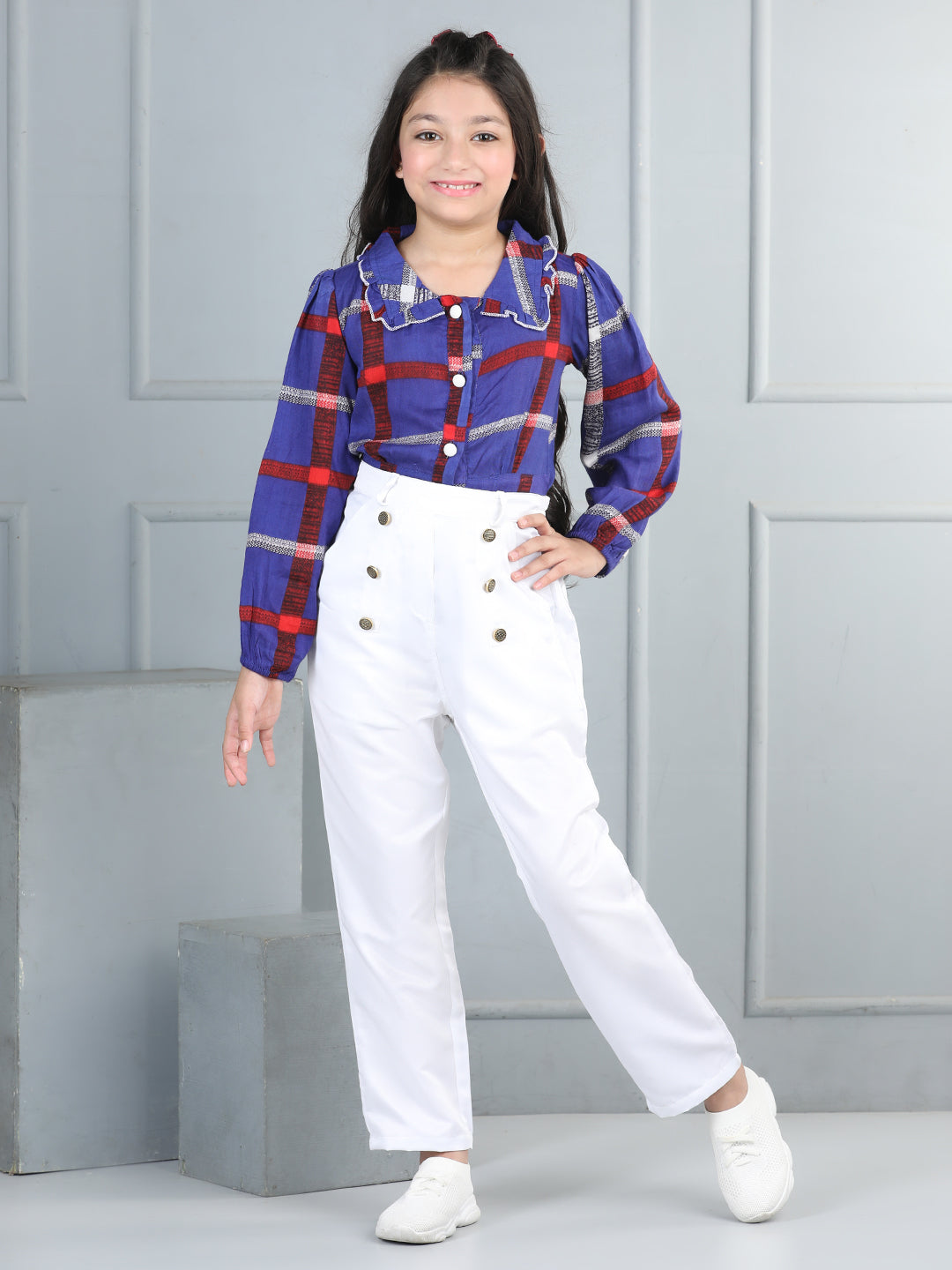 Cutiekins Girls Shirt Style Check Print Top With Solid Trouser -Blue & White