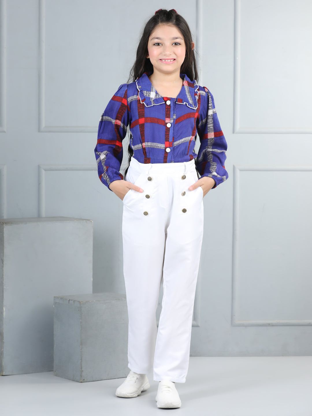 Cutiekins Girls Shirt Style Check Print Top With Solid Trouser -Blue & White