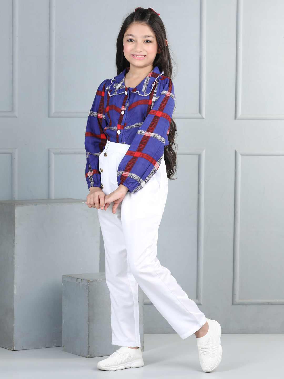 Cutiekins Girls Shirt Style Check Print Top With Solid Trouser -Blue & White