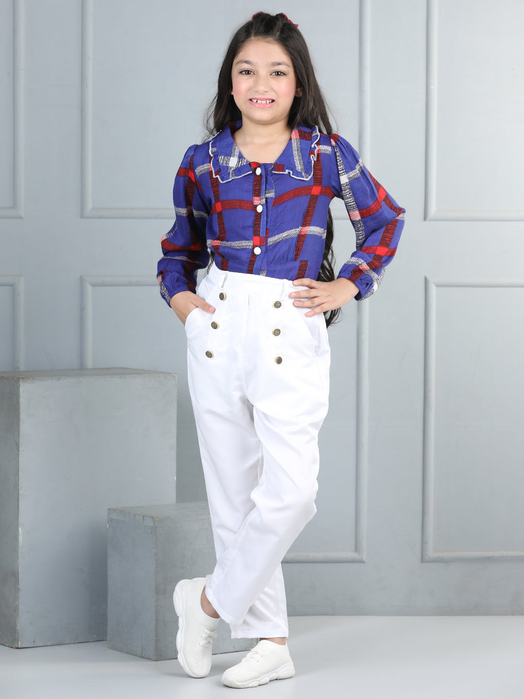 Cutiekins Girls Shirt Style Check Print Top With Solid Trouser -Blue & White