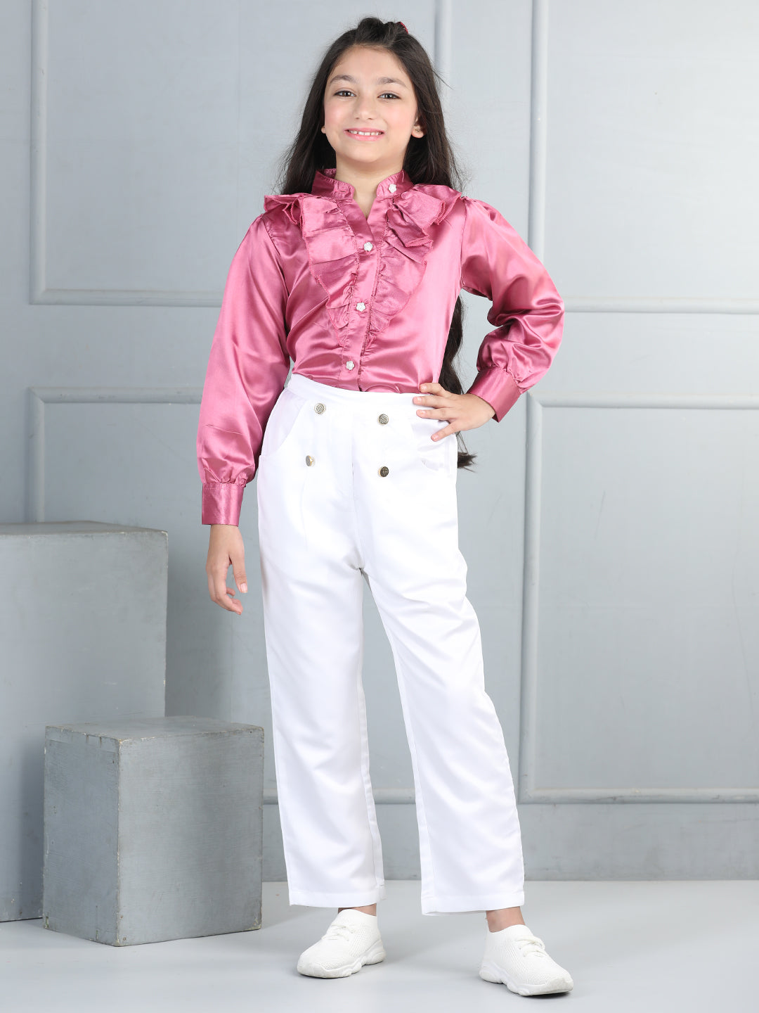 Cutiekins Girls Shirt Style Embellished Top With Solid Trouser -Onion Pink & White