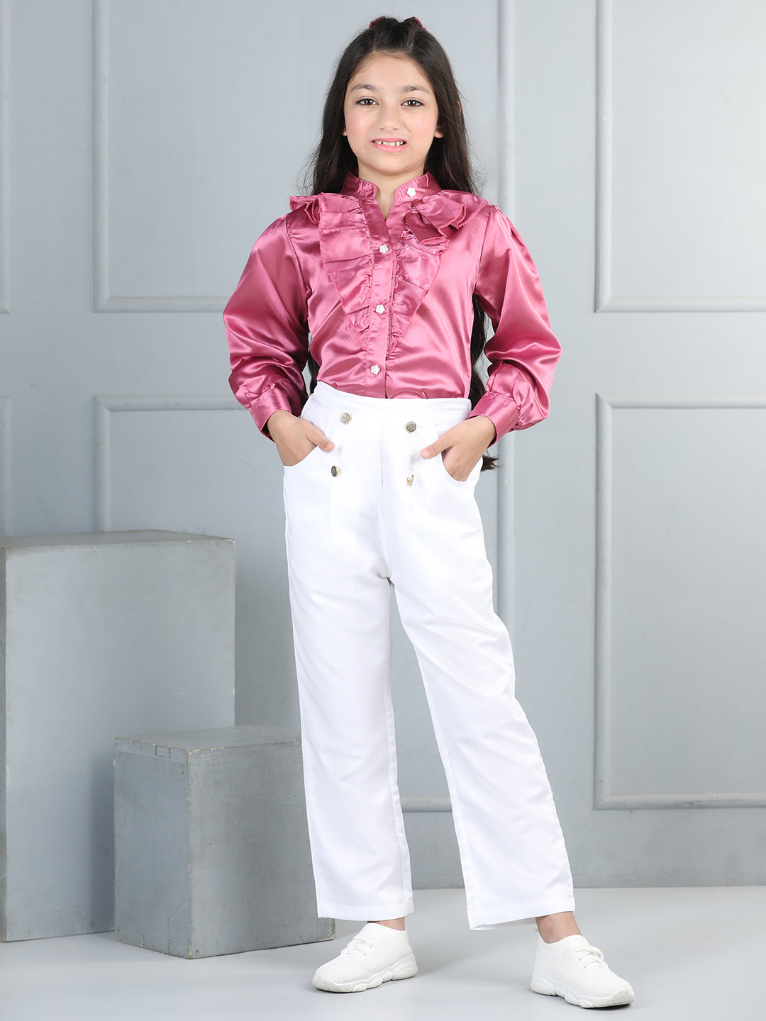 Cutiekins Girls Shirt Style Embellished Top With Solid Trouser -Onion Pink & White