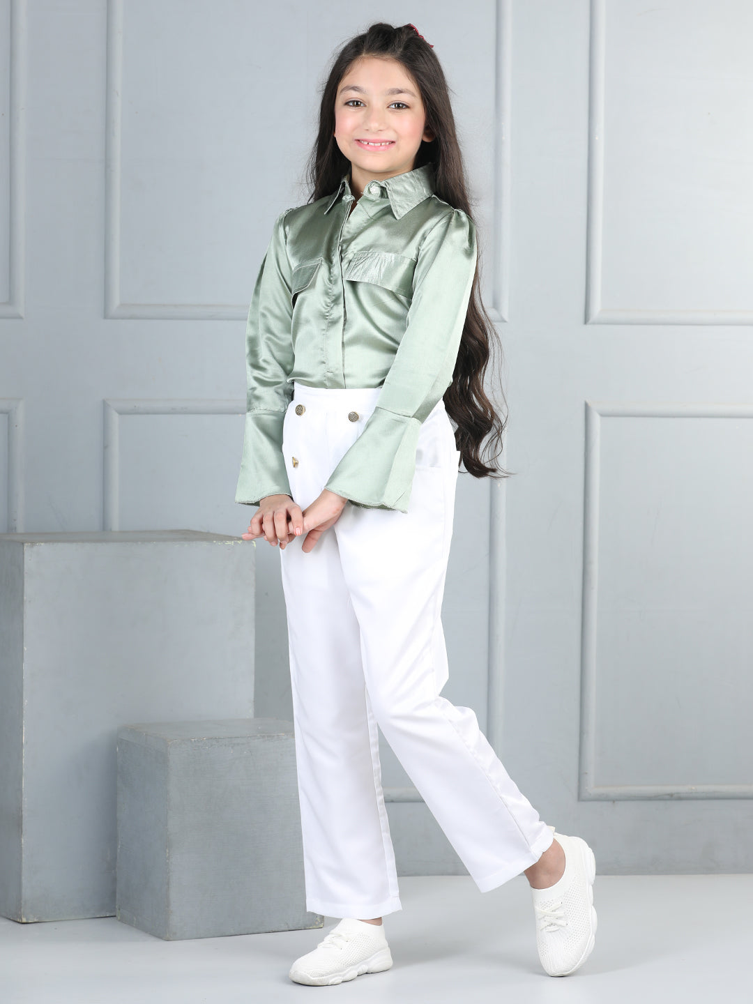 Cutiekins Girls Shirt Style Solid Top With Solid Trouser -Pista Green & White