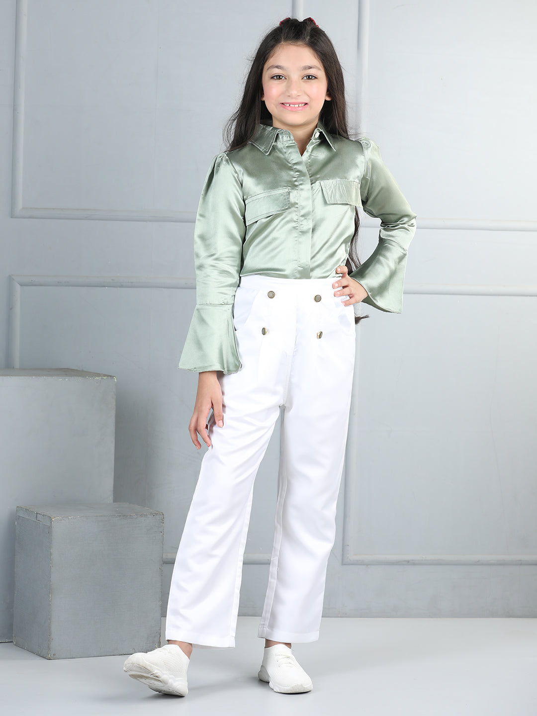 Cutiekins Girls Shirt Style Solid Top With Solid Trouser -Pista Green & White