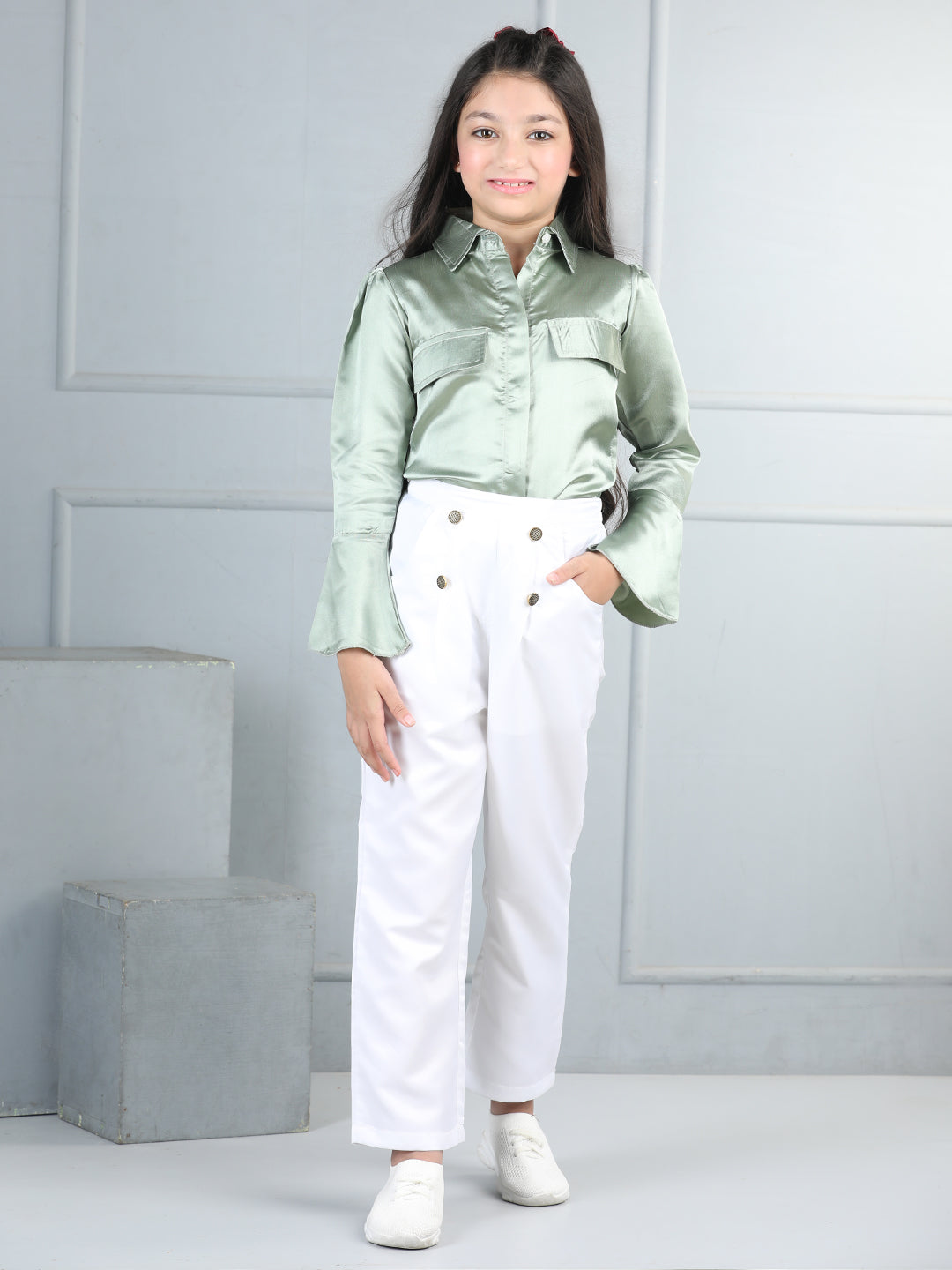 Cutiekins Girls Shirt Style Solid Top With Solid Trouser -Pista Green & White