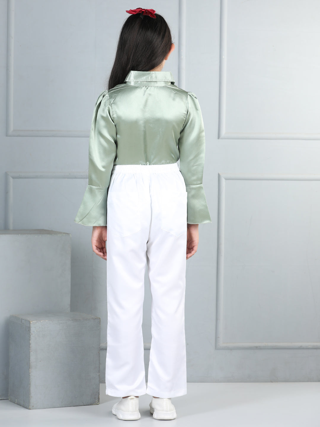 Cutiekins Girls Shirt Style Solid Top With Solid Trouser -Pista Green & White