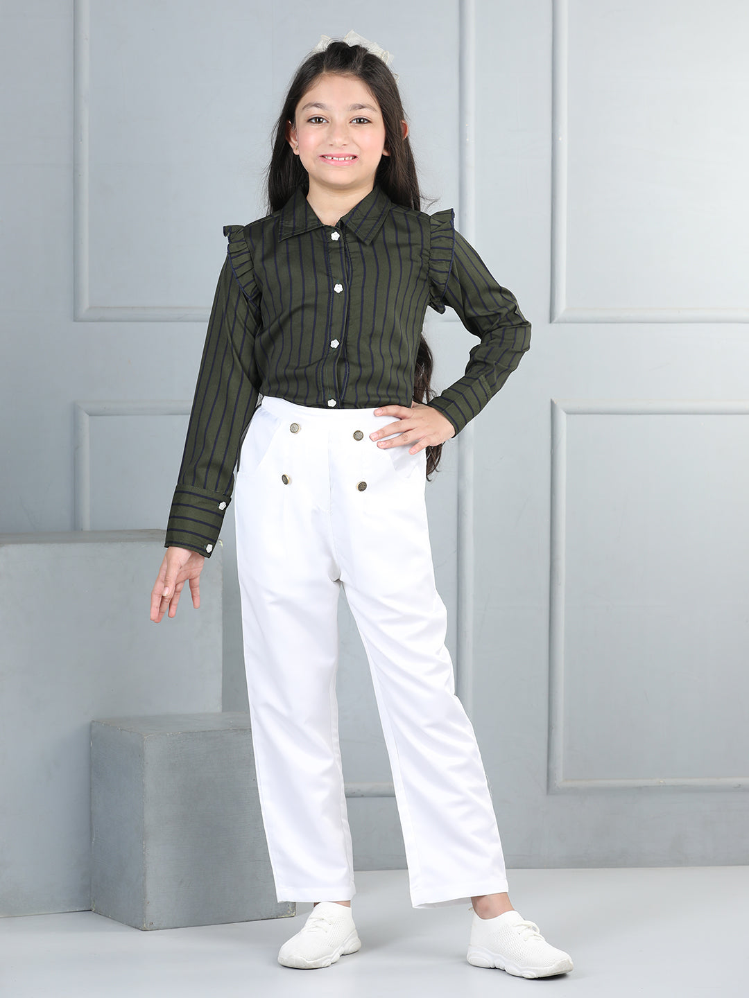 Cutiekins Girls Shirt Style Striped Top With Solid Trouser -Rifle Green & White