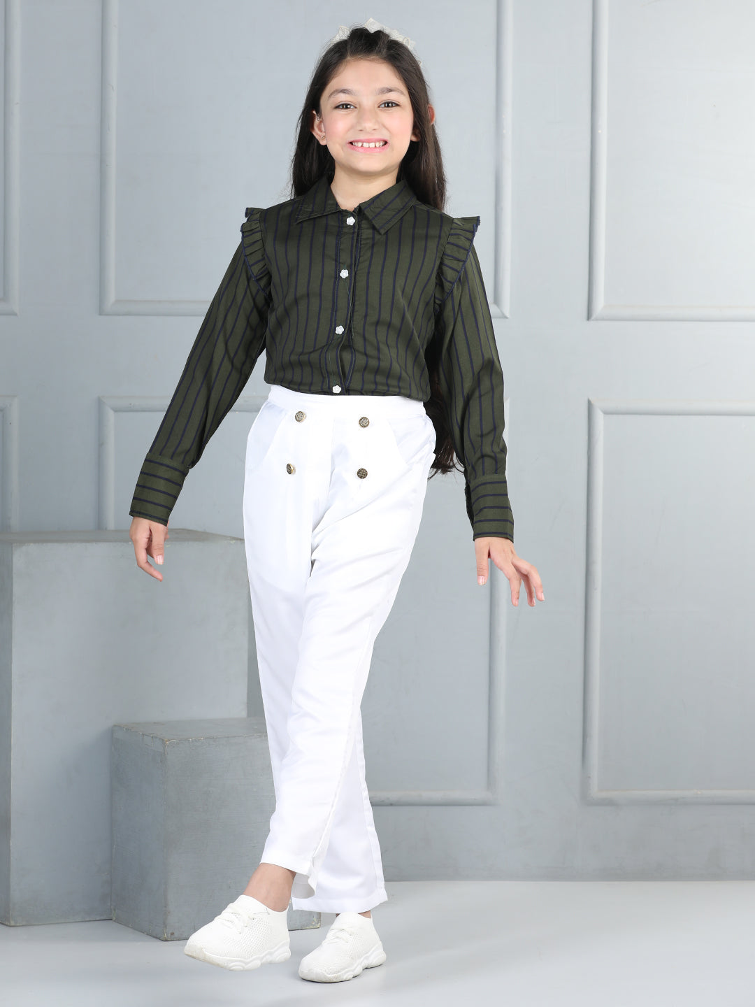 Cutiekins Girls Shirt Style Striped Top With Solid Trouser -Rifle Green & White