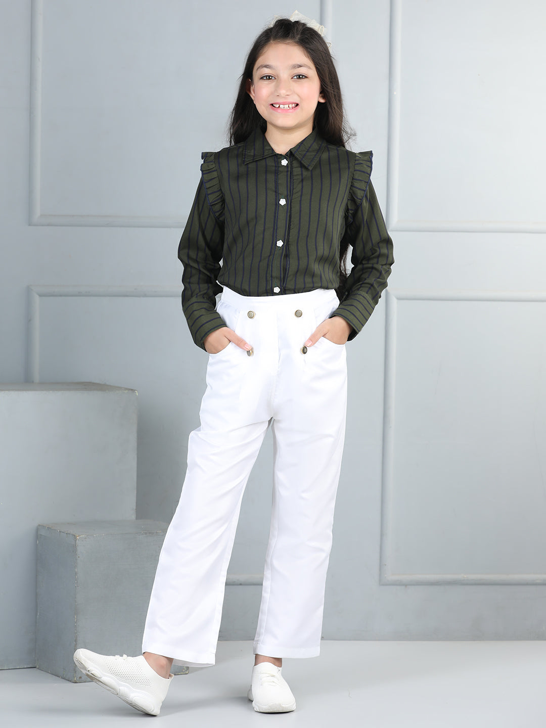 Cutiekins Girls Shirt Style Striped Top With Solid Trouser -Rifle Green & White