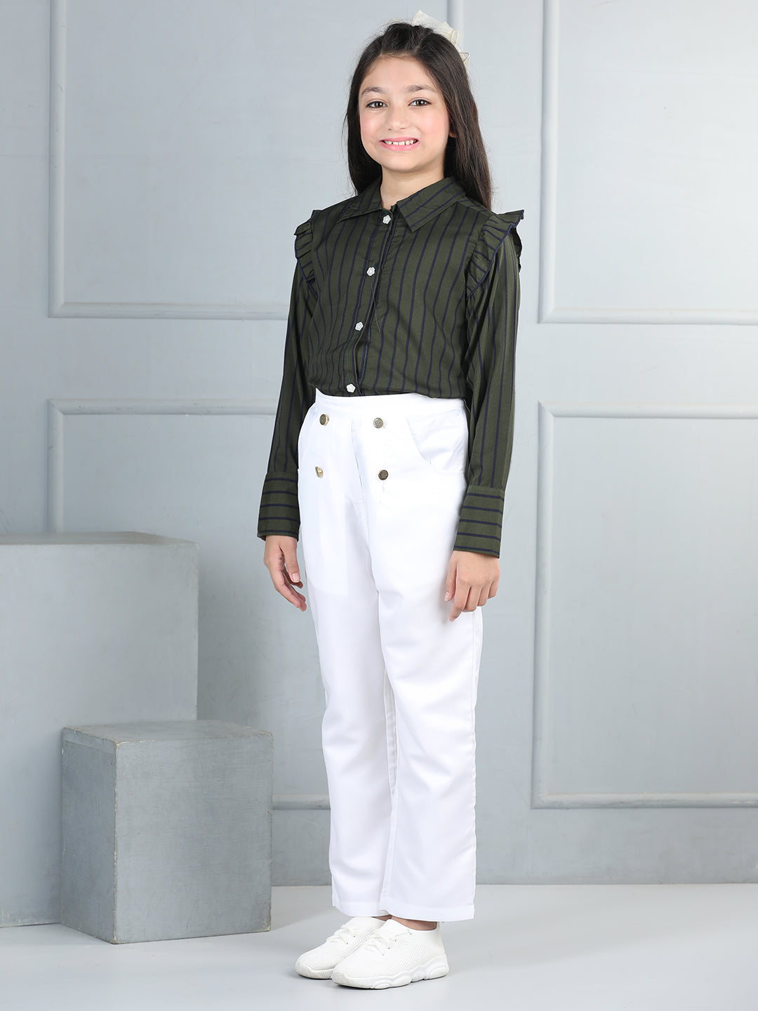 Cutiekins Girls Shirt Style Striped Top With Solid Trouser -Rifle Green & White