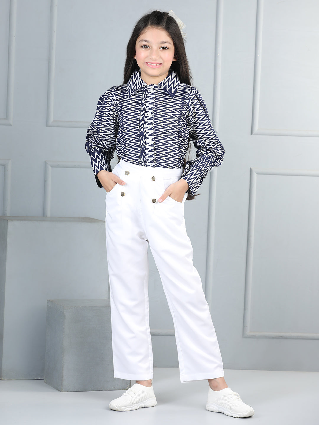 Cutiekins Girls Shirt Style Chevron Print Top With Solid Trouser -Navy Blue & White