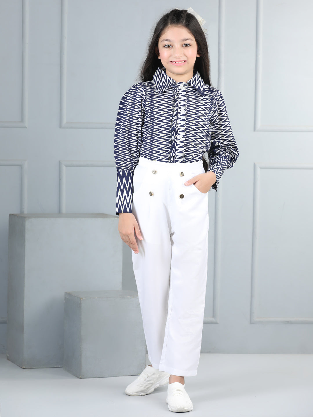 Cutiekins Girls Shirt Style Chevron Print Top With Solid Trouser -Navy Blue & White