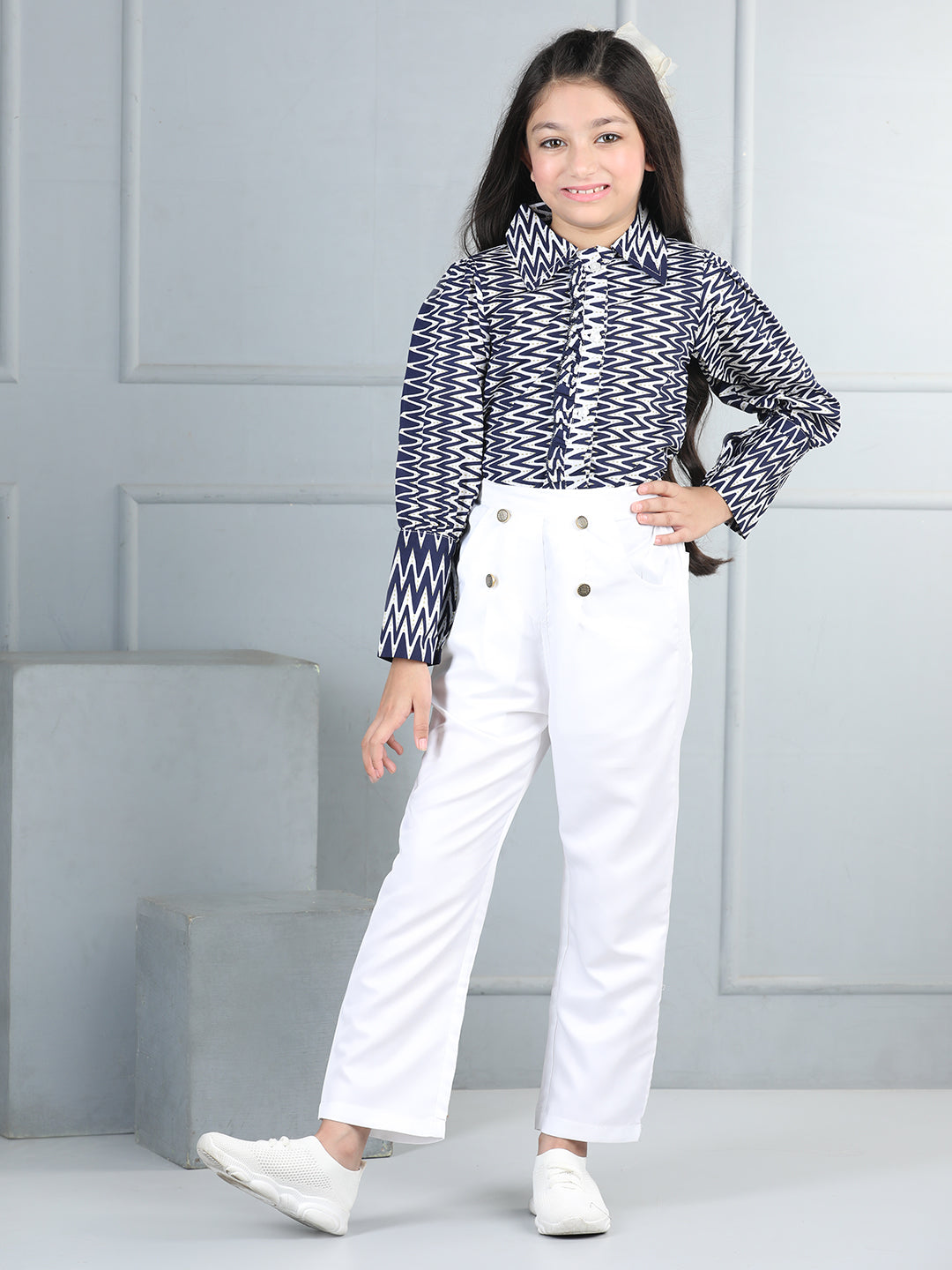 Cutiekins Girls Shirt Style Chevron Print Top With Solid Trouser -Navy Blue & White