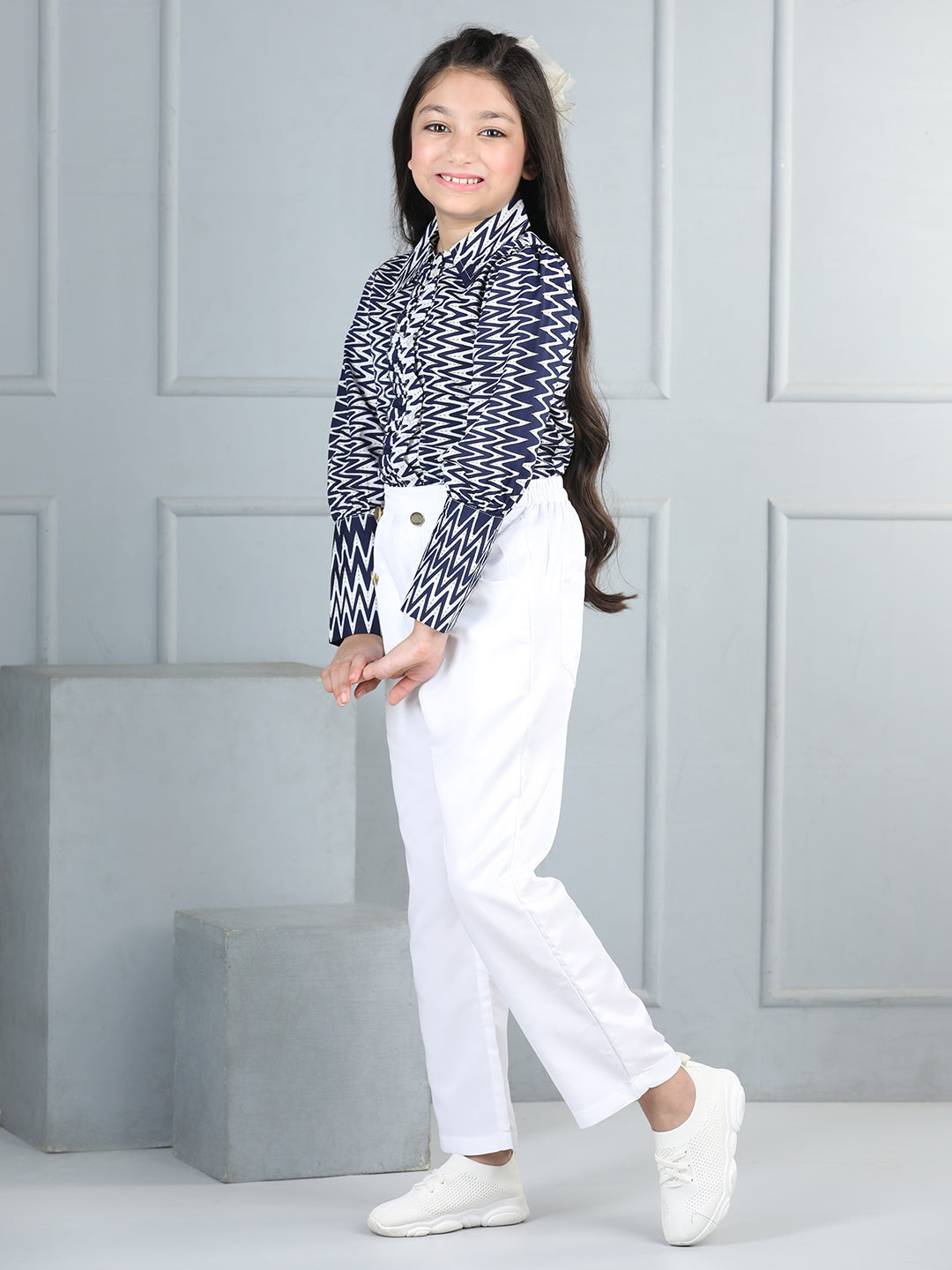 Cutiekins Girls Shirt Style Chevron Print Top With Solid Trouser -Navy Blue & White