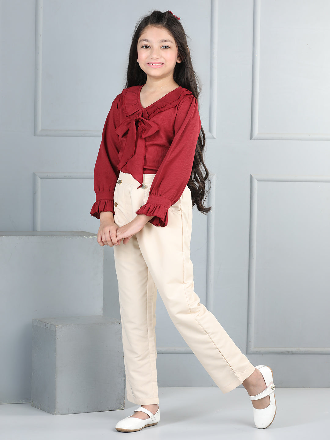 Cutiekins Girls V-Neck Embellished Top With Solid Trouser -Maroon & Beige