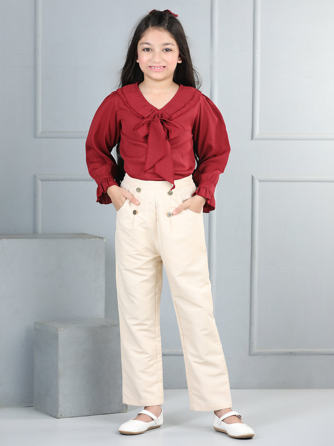 Cutiekins Girls V-Neck Embellished Top With Solid Trouser -Maroon & Beige