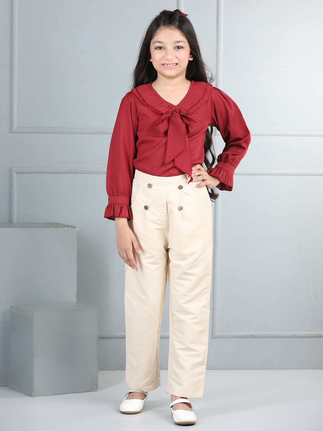 Cutiekins Girls V-Neck Embellished Top With Solid Trouser -Maroon & Beige