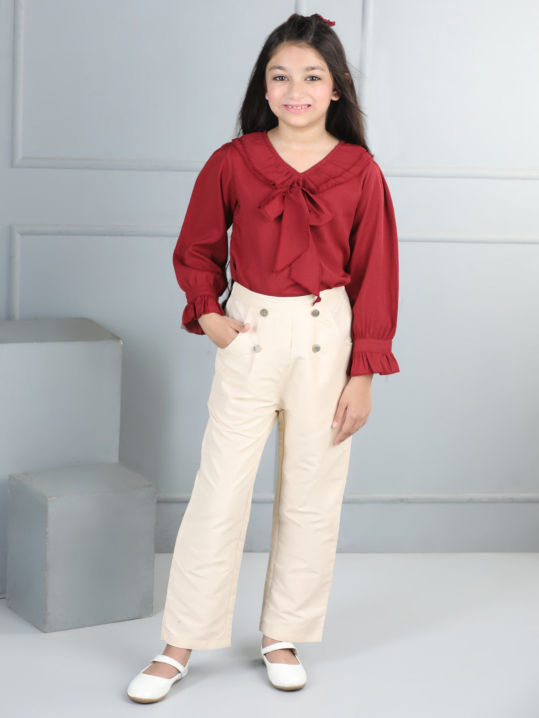 Cutiekins Girls V-Neck Embellished Top With Solid Trouser -Maroon & Beige