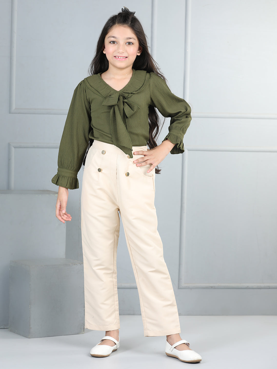 Cutiekins Girls V-Neck Embellished Top With Solid Trouser -Olive Green & Beige