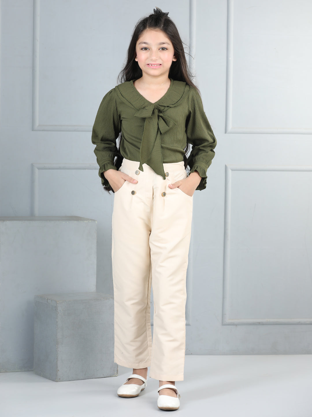 Cutiekins Girls V-Neck Embellished Top With Solid Trouser -Olive Green & Beige