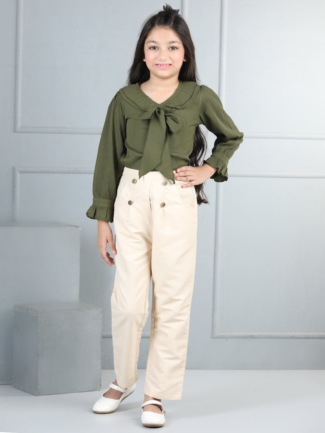 Cutiekins Girls V-Neck Embellished Top With Solid Trouser -Olive Green & Beige