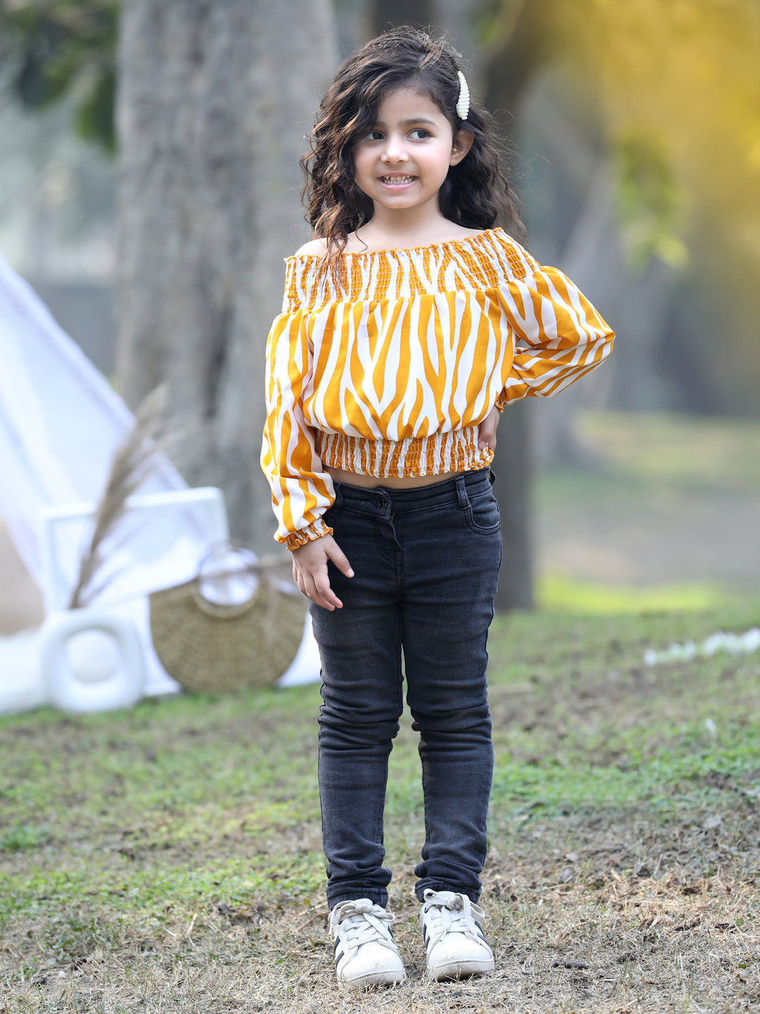 Cutiekins Off-Shoulder Printed Crop Top- Mustard & White