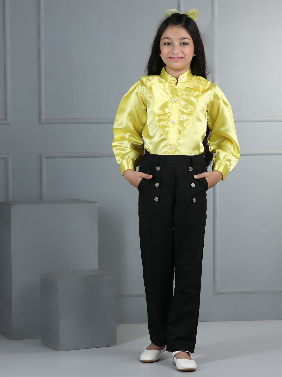 Cutiekins Girls Shirt Style Embellished Top With Solid Trouser -Yellow & Black