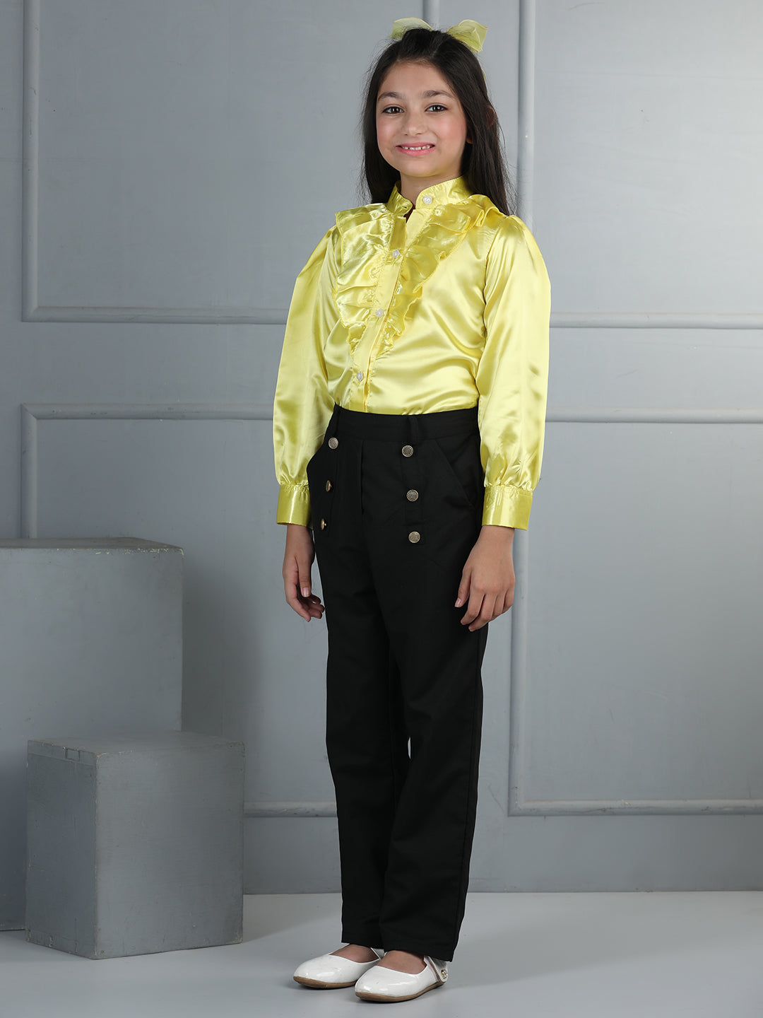 Cutiekins Girls Shirt Style Embellished Top With Solid Trouser -Yellow & Black