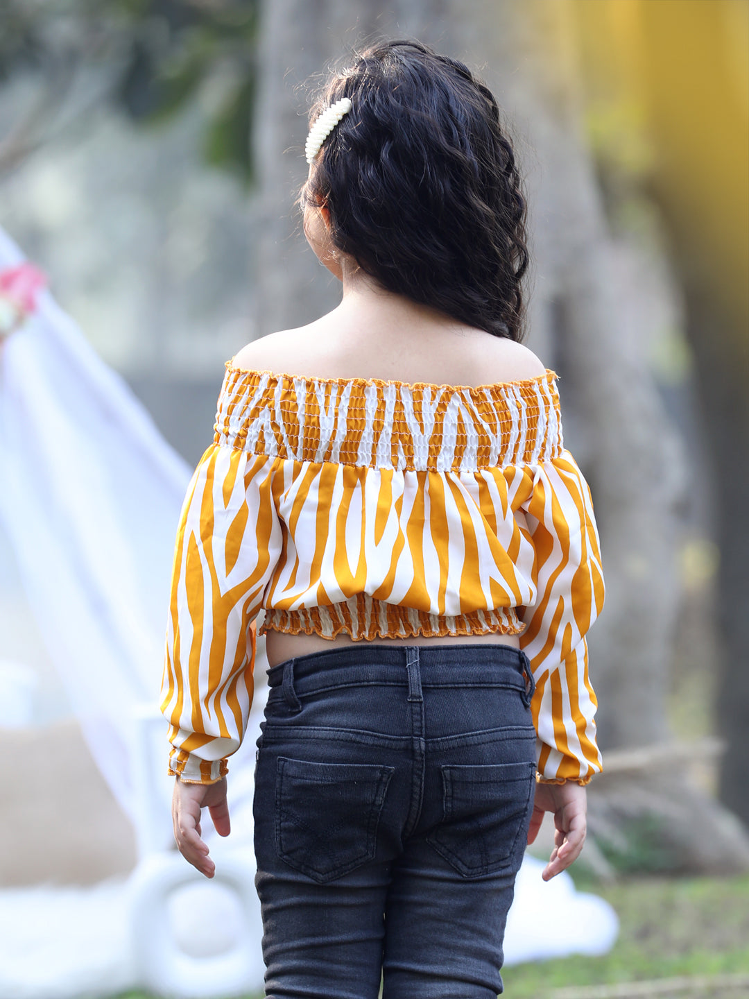 Cutiekins Off-Shoulder Printed Crop Top- Mustard & White