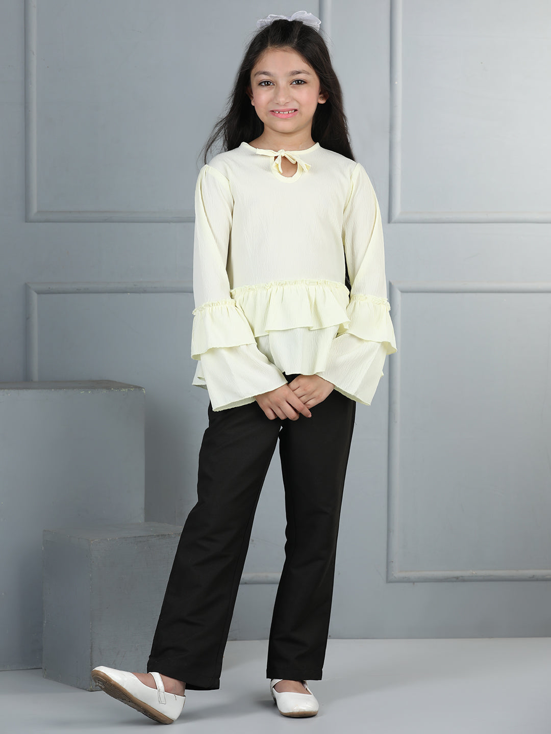 Cutiekins Girls Solid Tie-up Top With Solid Trouser -Vanilla & Black