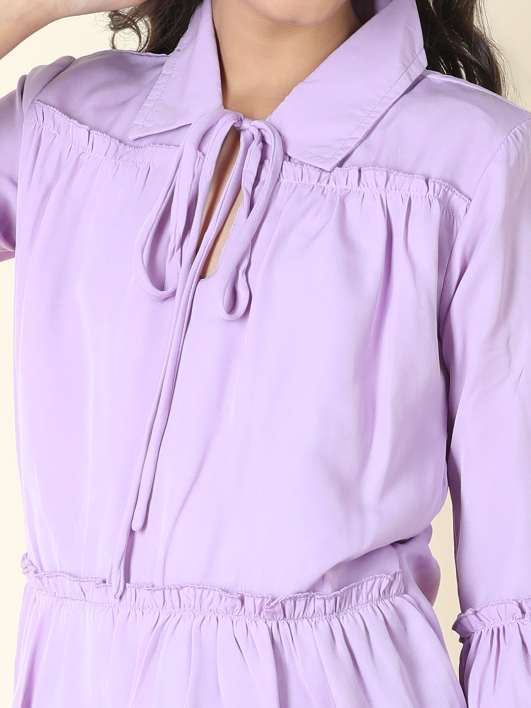 Cutiekins Girls Tie-Up Solid Top With Solid Trouser -Lavender & Black