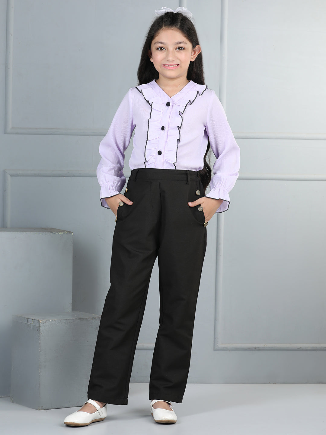 Cutiekins Girls Shirt Style Embellished Top With Solid Trouser -Lavender & Black