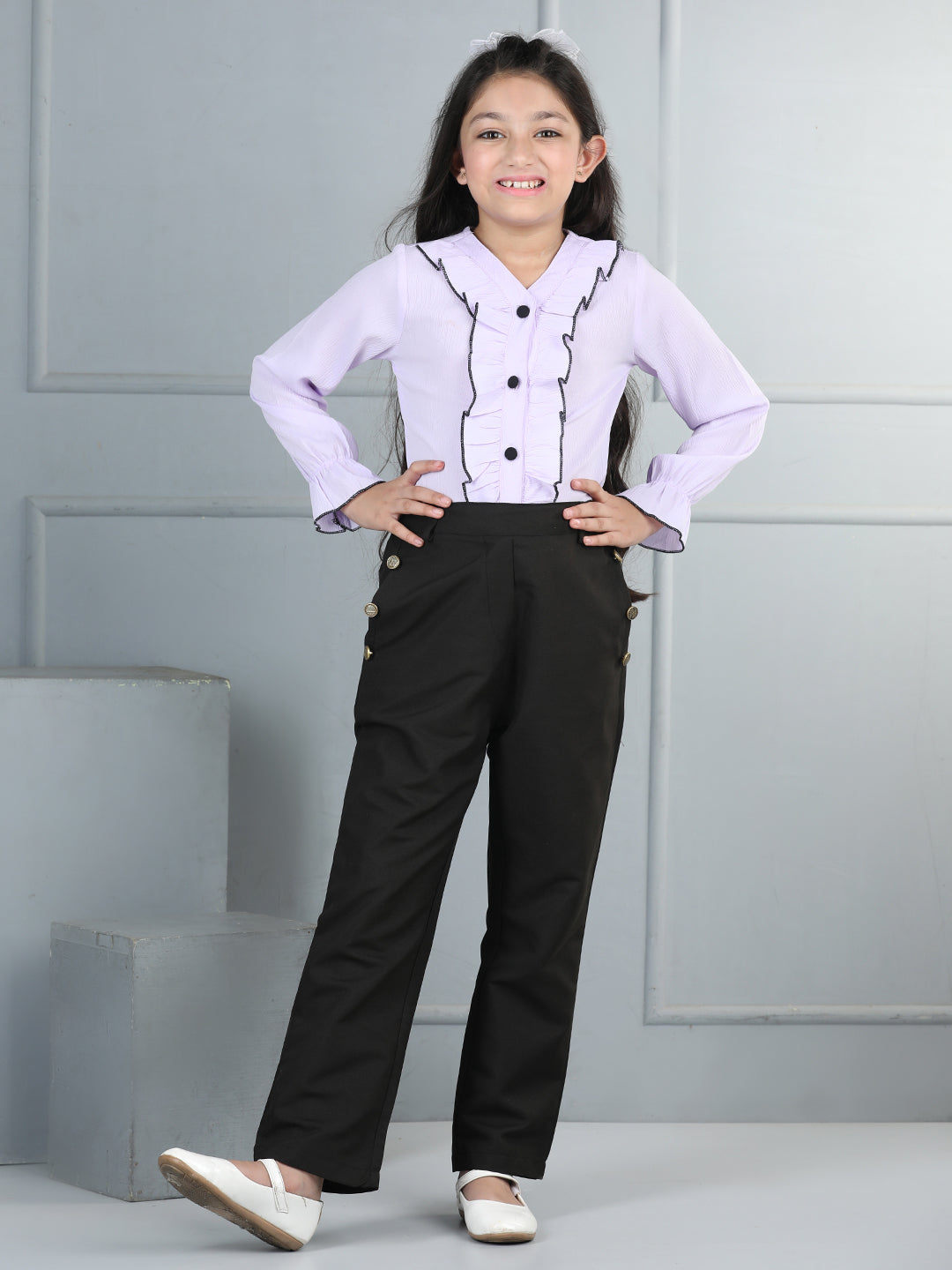 Cutiekins Girls Shirt Style Embellished Top With Solid Trouser -Lavender & Black