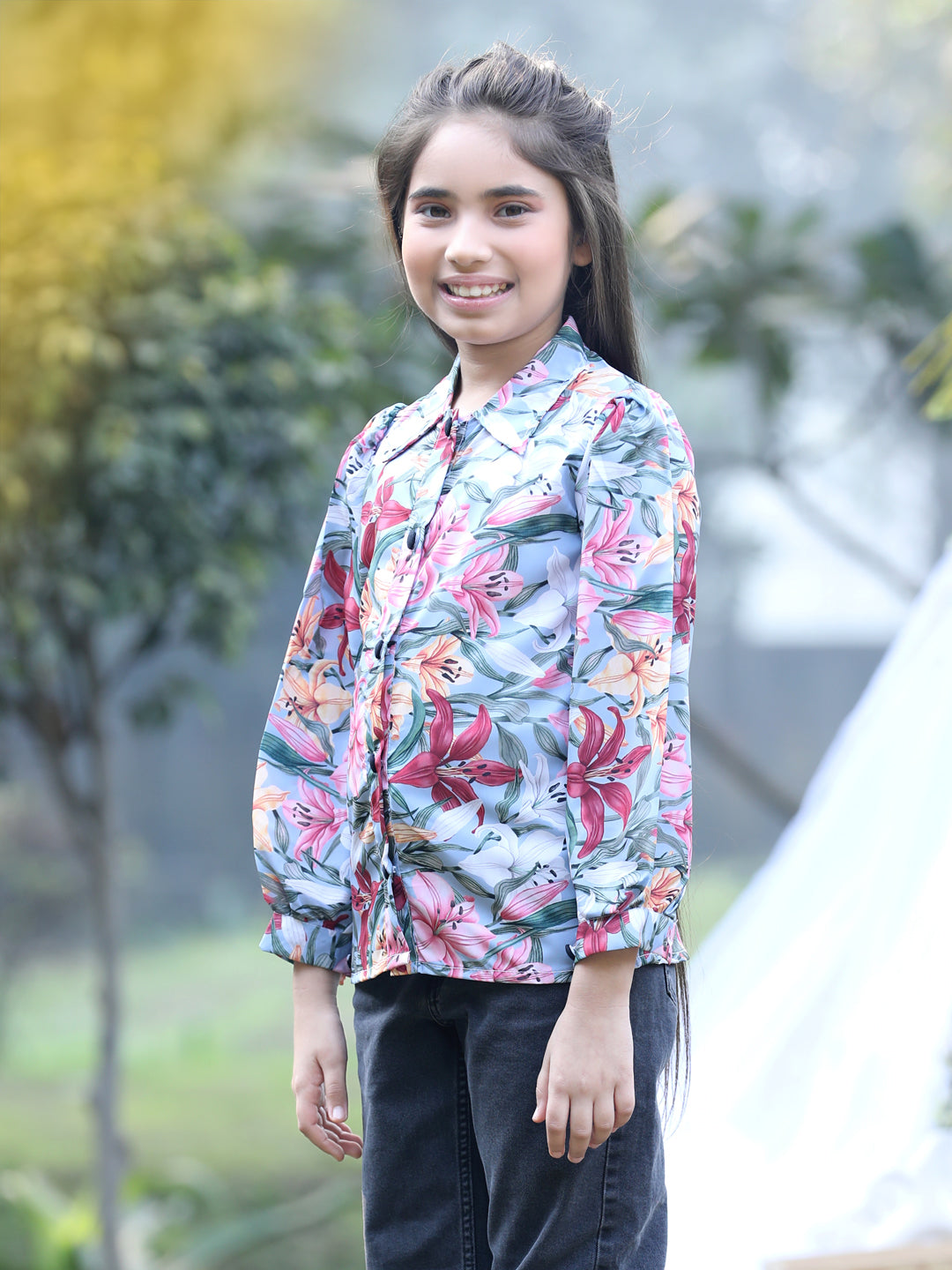 Cutiekins Collar Neck Foral Printed Regular Top-Grey & Pink