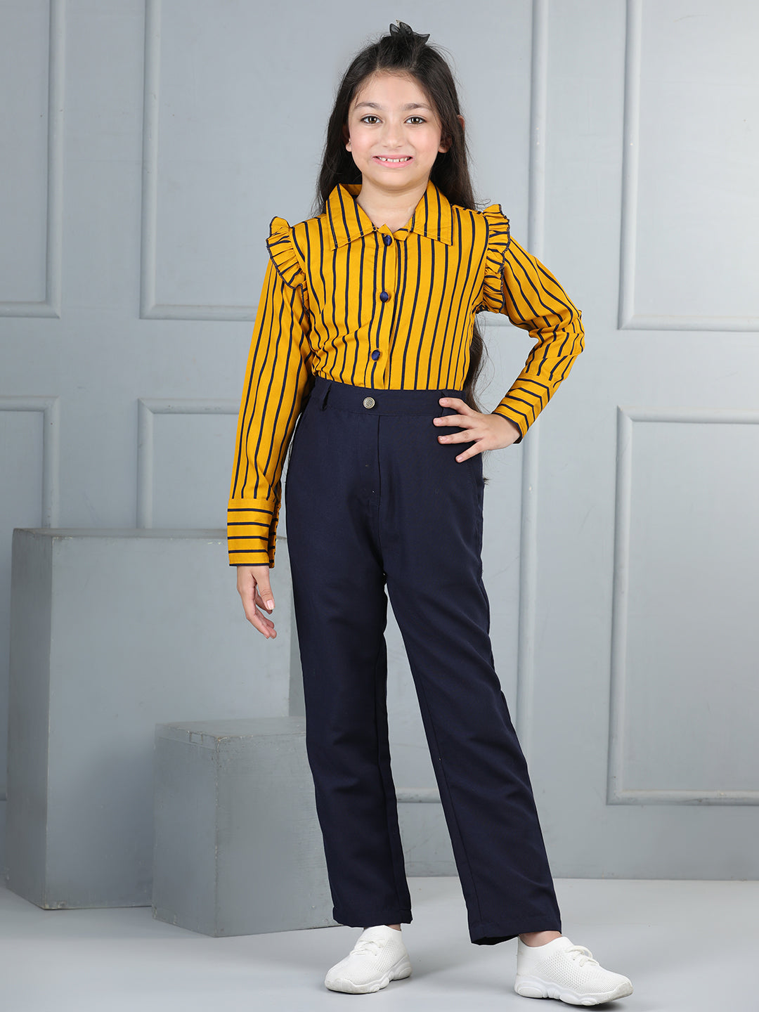 Cutiekins Girls Shirt Style Striped Top With Solid Trouser -Mustard & Navy Blue