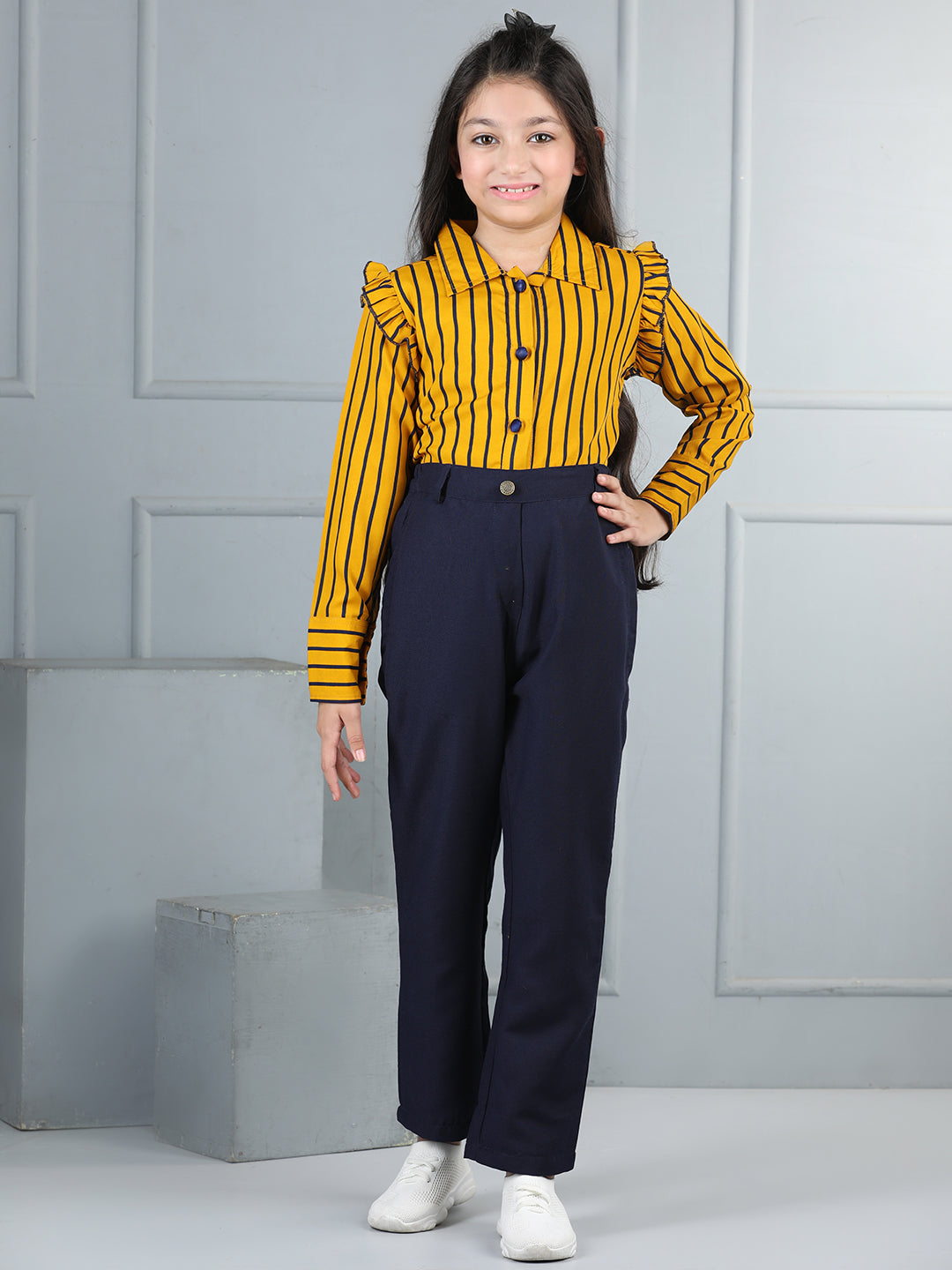 Cutiekins Girls Shirt Style Striped Top With Solid Trouser -Mustard & Navy Blue