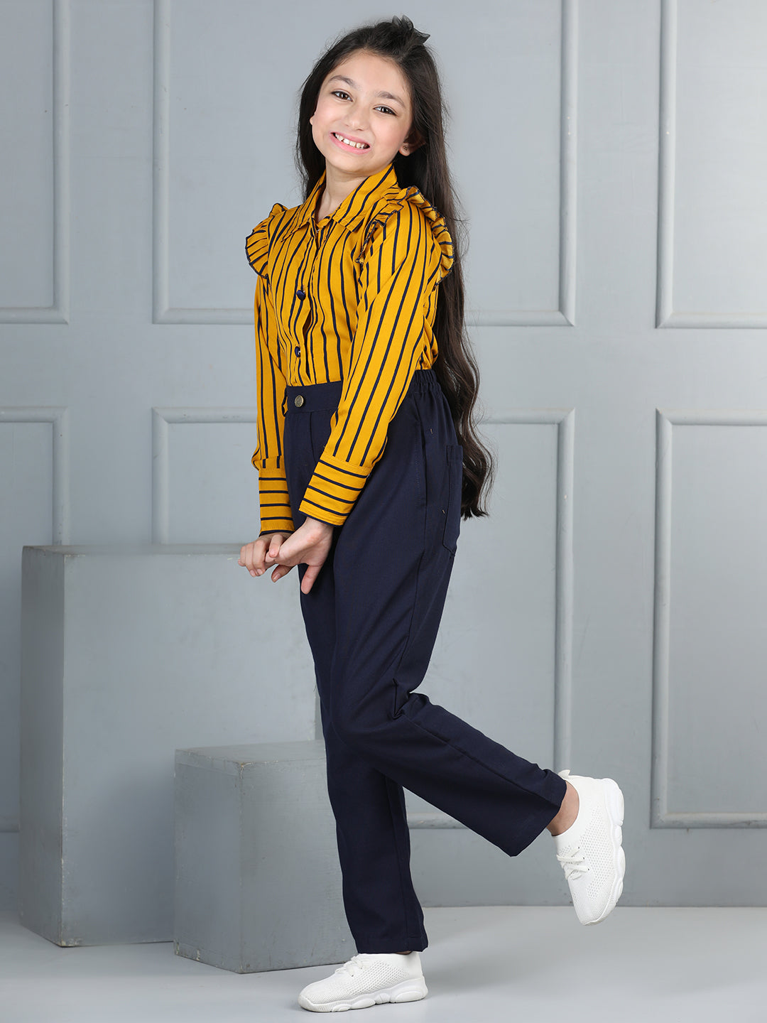 Cutiekins Girls Shirt Style Striped Top With Solid Trouser -Mustard & Navy Blue