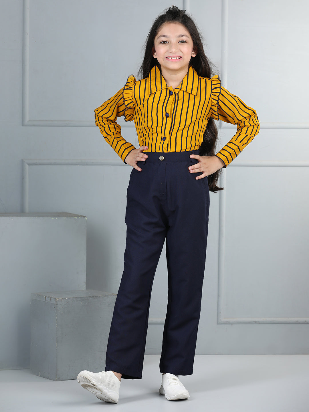 Cutiekins Girls Shirt Style Striped Top With Solid Trouser -Mustard & Navy Blue