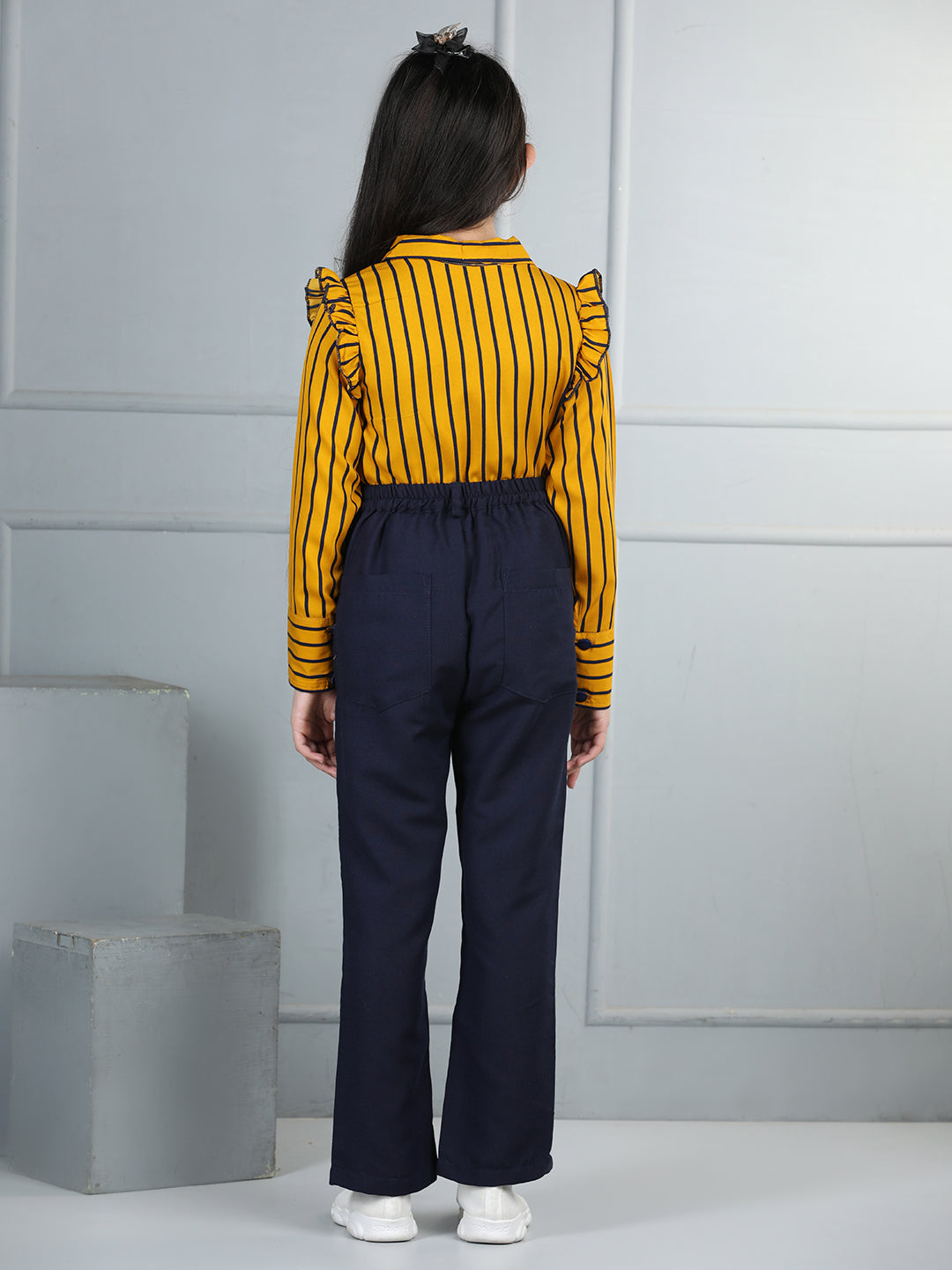 Cutiekins Girls Shirt Style Striped Top With Solid Trouser -Mustard & Navy Blue