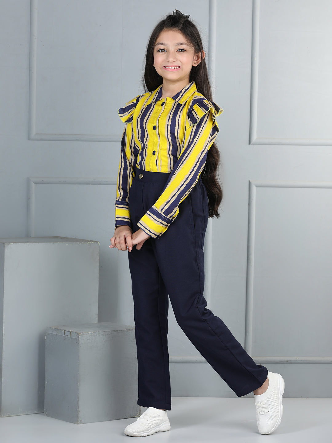 Cutiekins Girls Shirt Style Striped Top With Solid Trouser -Yellow & Navy Blue