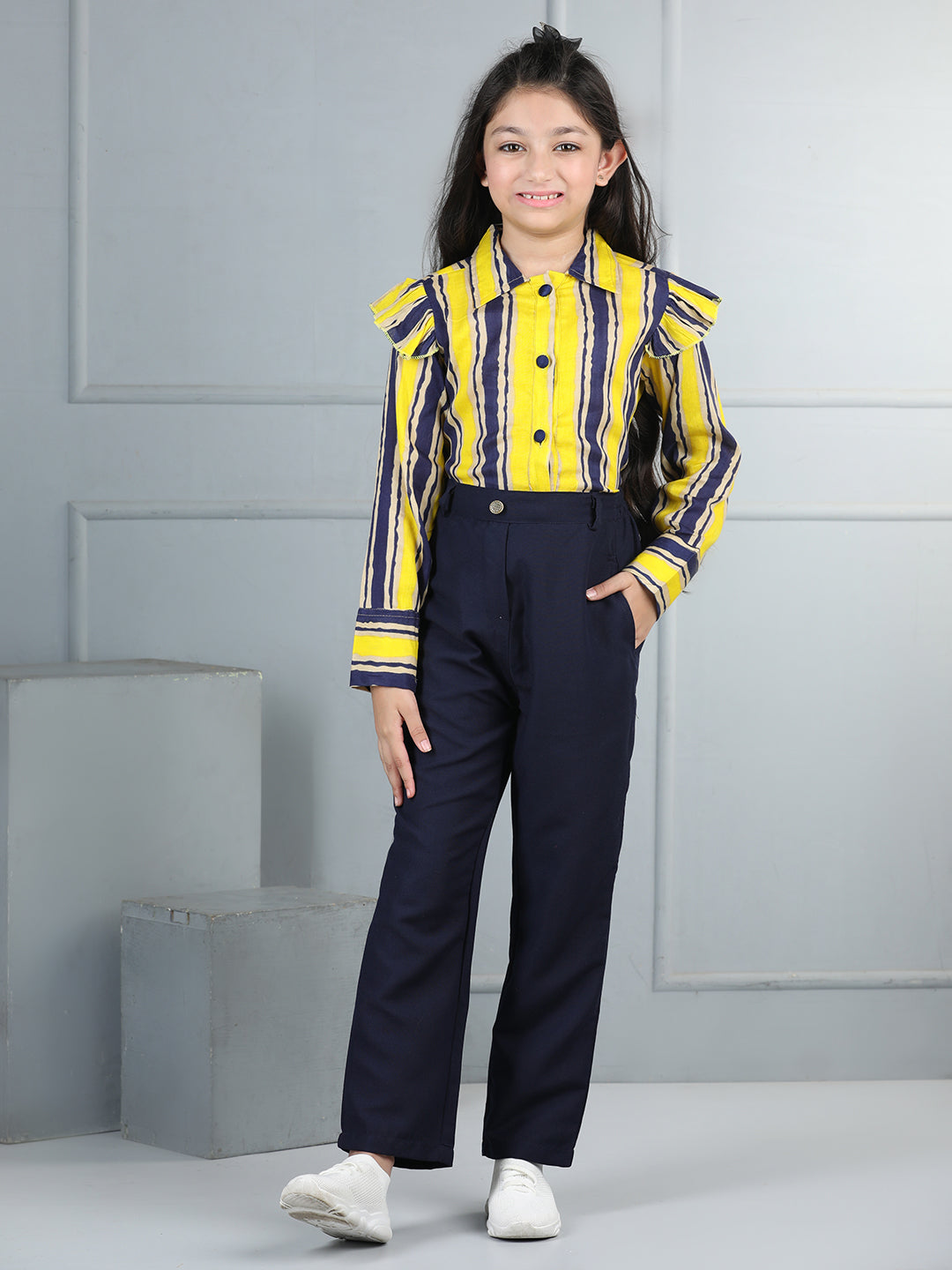 Cutiekins Girls Shirt Style Striped Top With Solid Trouser -Yellow & Navy Blue