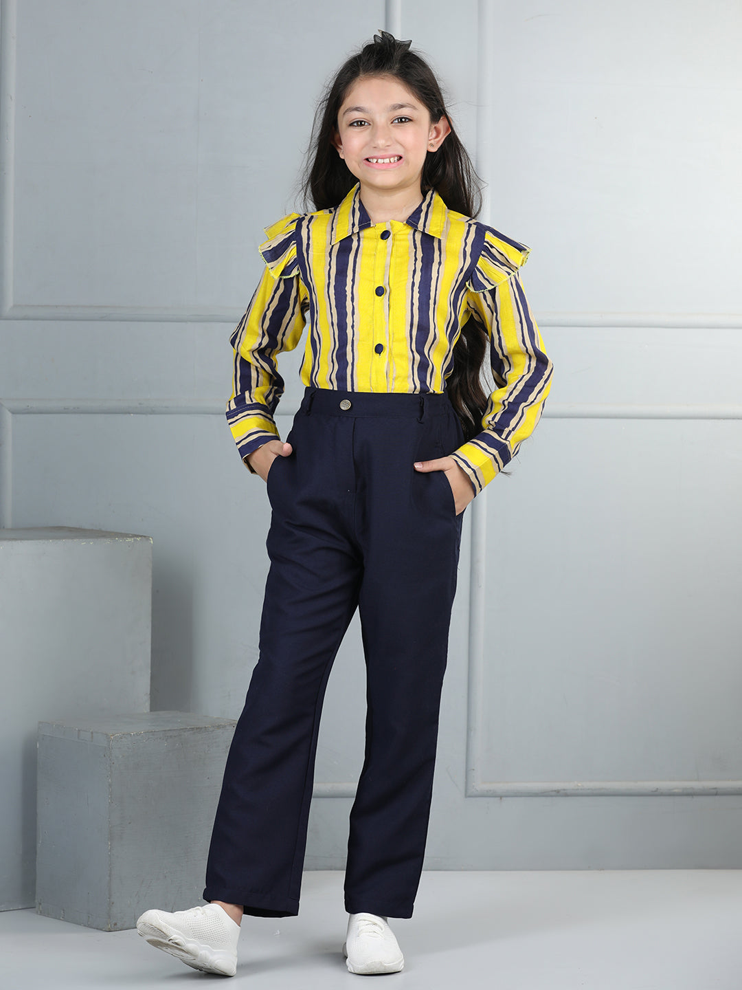 Cutiekins Girls Shirt Style Striped Top With Solid Trouser -Yellow & Navy Blue